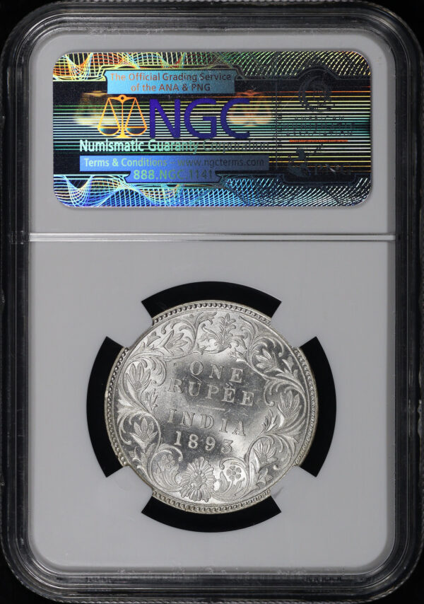 Reverse of this 1893 B India Silver Rupee NGC MS-63