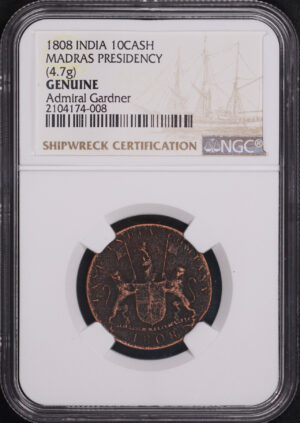 Obverse of this 1808 India  10 CASH Madras Presidency NGC Admiral Gardner Genuine 