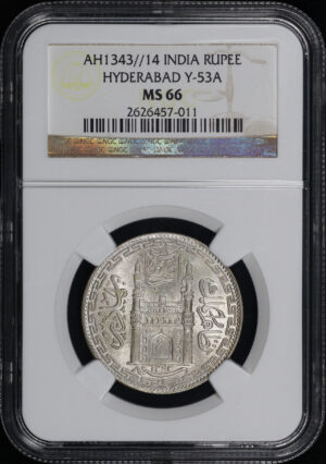 Obverse of this AH1343//14 India  Silver Rupee Hyderabad Y-53A NGC MS-66