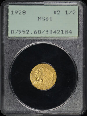 Obverse of this 1928 Indian $2.5 PCGS MS-60 Green Rattler Holder