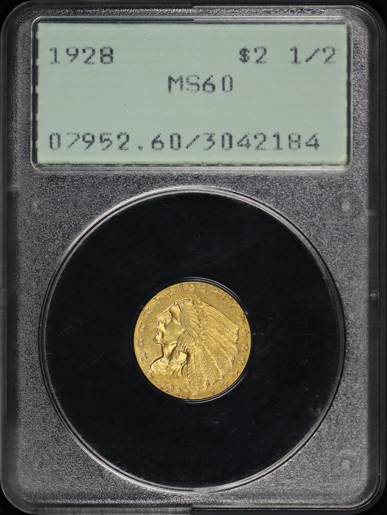 Obverse of this 1928 Indian $2.5 PCGS MS-60 Green Rattler Holder