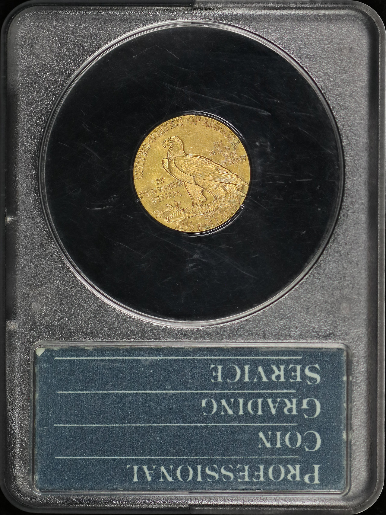 Reverse of this 1928 Indian $2.5 PCGS MS-60 Green Rattler Holder