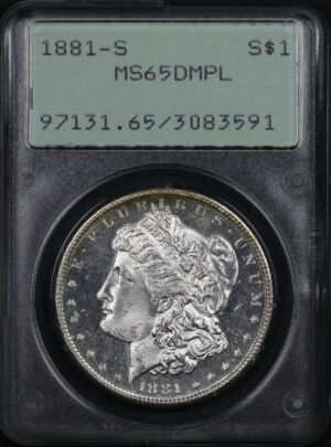 Obverse of this 1881-S Morgan Dollar PCGS MS-65 DMPL Old Green Rattler Holder
