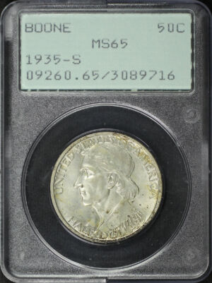 Obverse of this 1935-S Boone 50C Silver Commemorative PCGS MS-65 Old Green Rattler Holder