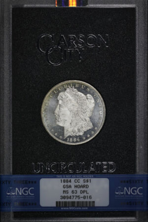 Obverse of this 1884-CC Morgan Dollar GSA Hoard NGC MS-63 GSA Hard Pack With Box