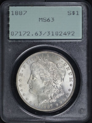 Obverse of this 1887 Morgan Dollar PCGS MS-63 Old Green Rattler Holder