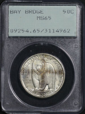 Obverse of this 1936-S 50C Bay Bridge Silver Commemorative Old Green Rattler Holder PCGS MS-65