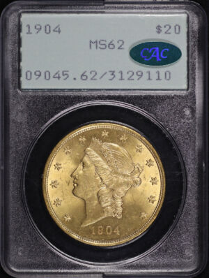 Obverse of this 1904 Liberty Head $20 Type 3 PCGS MS-62 CAC Old Green Rattler Holder