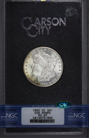 Obverse of this 1882-CC Morgan Dollar NGC MS-65 CAC GSA Hard Pack With Box 