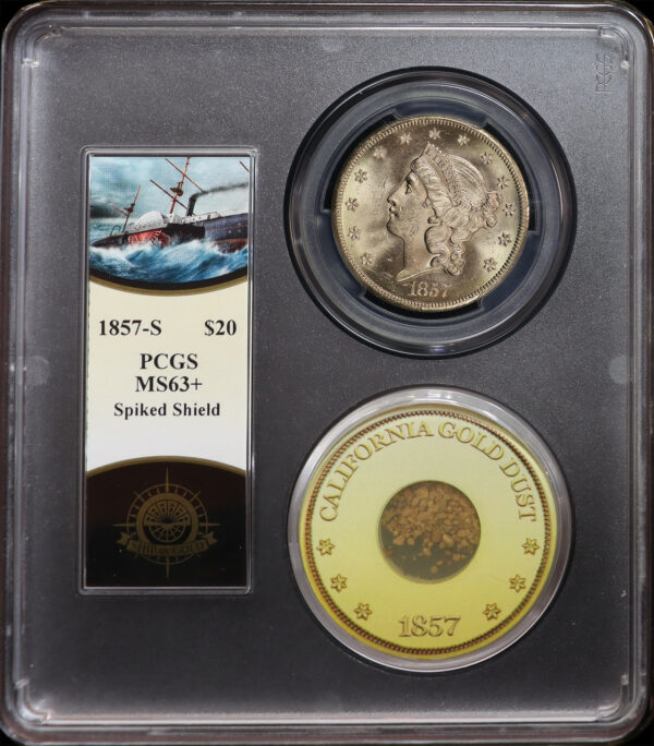 Obverse of this 1857-S Liberty Head $20 Spiked Shield PCGS MS-63+ S.S. Central America Shipwreck Bob Evans Signature Label with One Pinch of CA Gold Dust