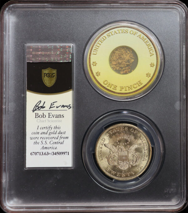 Reverse of this 1857 Liberty Head $20 Type 1 S.S. Central America #1 PCGS MS-63+ Spiked Shield Ame