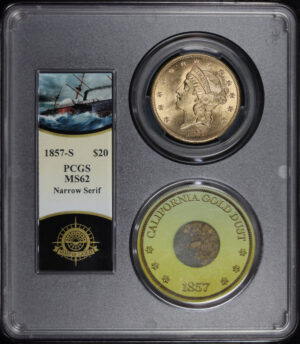 Obverse of this 1857-S Liberty Head $20 Narrow Serif PCGS MS-62 S.S. Central America Shipwreck Bob Evans Signature Label with One Pinch of CA Gold Dust