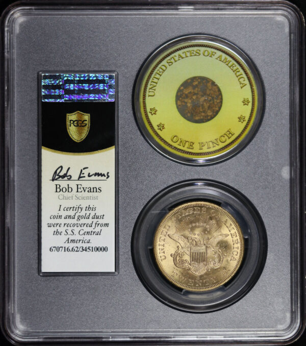 Reverse of this 1857-S Liberty Head $20 Narrow Serif PCGS MS-62 S.S. Central America Shipwreck Bob Evans Signature Label with One Pinch of CA Gold Dust