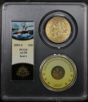 Obverse of this 1855-S Liberty Head $20 Bold S PCGS AU-55 S.S. Central America Shipwreck Bob Evans Signature Label with One Pinch of CA Gold Dust