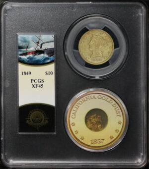 Obverse of this 1849 Liberty Head $10 PCGS XF-45 S.S. Central America Shipwreck Bob Evans Signature Label with One Pinch of CA Gold Dust