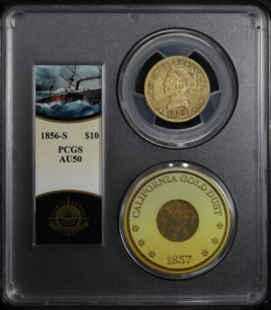 Obverse of this 1856-S Liberty Head $10 PCGS AU-50 S.S. Central America Shipwreck Bob Evans Signature Label with One Pinch of CA Gold Dust