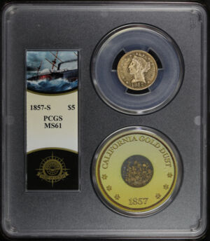 Obverse of this 1857-S Liberty Head $5 PCGS MS-61  S.S. Central America Shipwreck Bob Evans Signature Label with One Pinch of CA Gold Dust