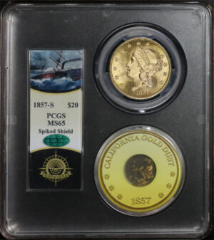 Obverse of this 1857-S Liberty Head $20 Spiked Shield PCGS MS-65 CAC S.S. Central America Shipwreck Bob Evans Signature Label with One Pinch of CA Gold Dust