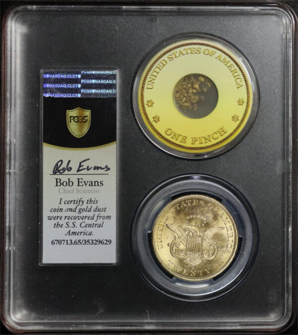 Reverse of this 1857-S Liberty Head $20 Spiked Shield PCGS MS-65 CAC S.S. Central America Shipwreck Bob Evans Signature Label with One Pinch of CA Gold Dust