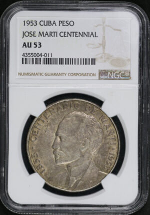Obverse of this 1953 Cuba Peso Jose Marti Centennial NGC AU-53