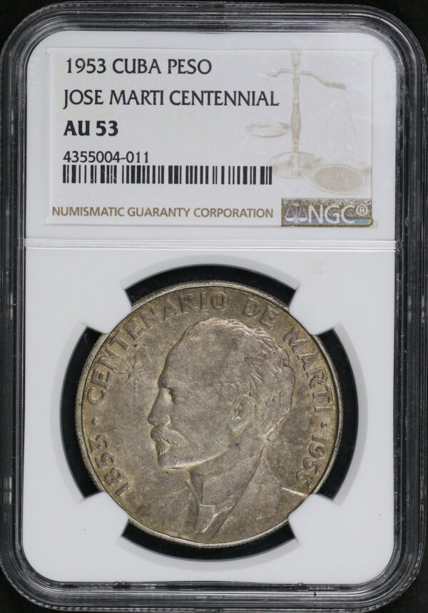 Obverse of this 1953 Cuba Peso Jose Marti Centennial NGC AU-53