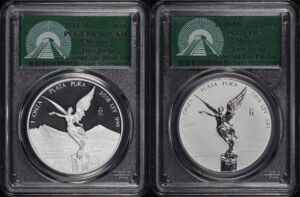 Obverse of this 2018-Mo Mexico Silver Libertad 1 Onza 2pc Set PCGS PR-70 DCAM & Reverse PF-70 First Strike Green Pyramid Label