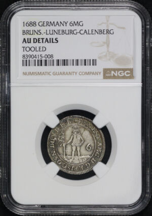 Obverse of this 1688 German States Brunswick-Luneburg-Calenberg Silver 6 Mariengroschen KM#291 NGC AU Details Tooled