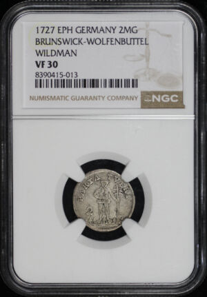 Obverse of this 1727 Brunswick-Wolfenbuttel,Germany 2MG Eph NGC VF-30