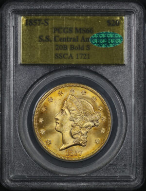 Obverse of this 1857-S Liberty Head 20B Bold S $20 Type 1 PCGS MS-66 CAC S.S. Central America Shipwreck SSCA 1721 Gold Foil Label