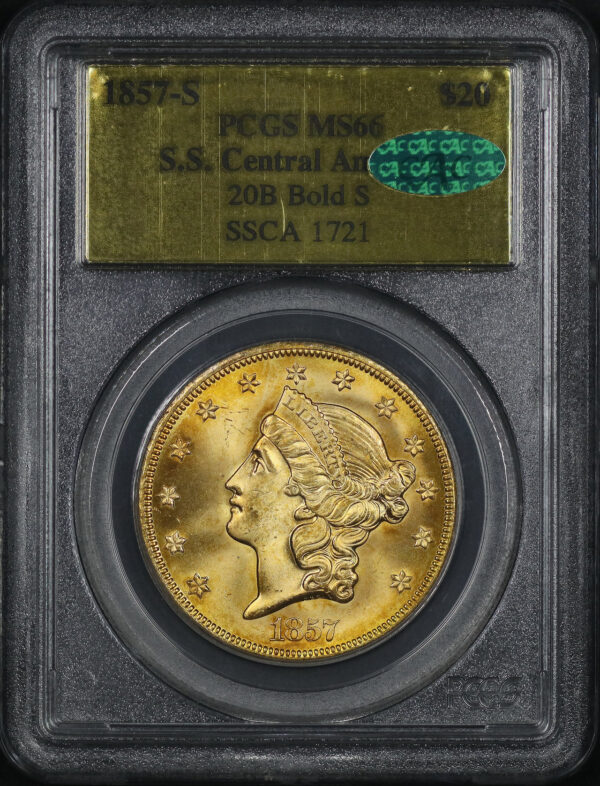 Obverse of this 1857-S Liberty Head 20B Bold S $20 Type 1 PCGS MS-66 CAC S.S. Central America Shipwreck SSCA 1721 Gold Foil Label