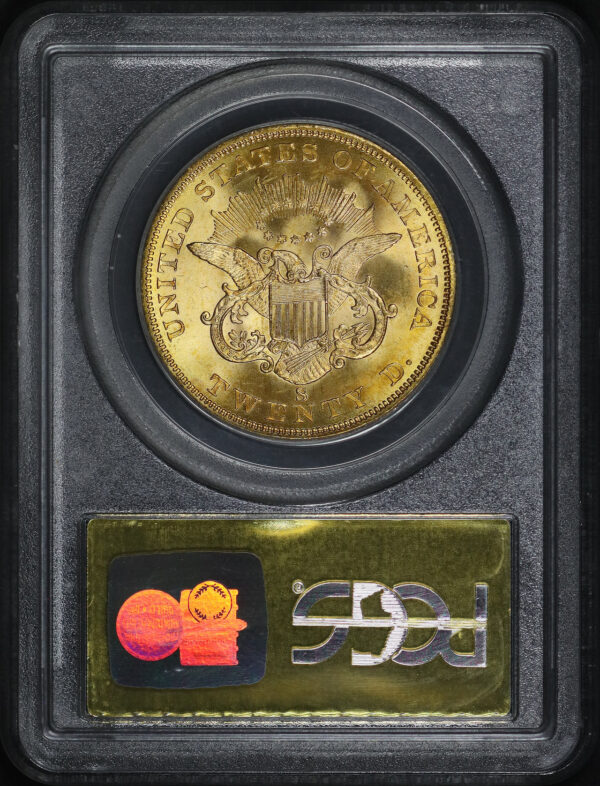 Reverse of this 1857-S Liberty Head 20B Bold S $20 PCGS MS-66 CAC S.S. Central America Shipwreck SSCA 1721