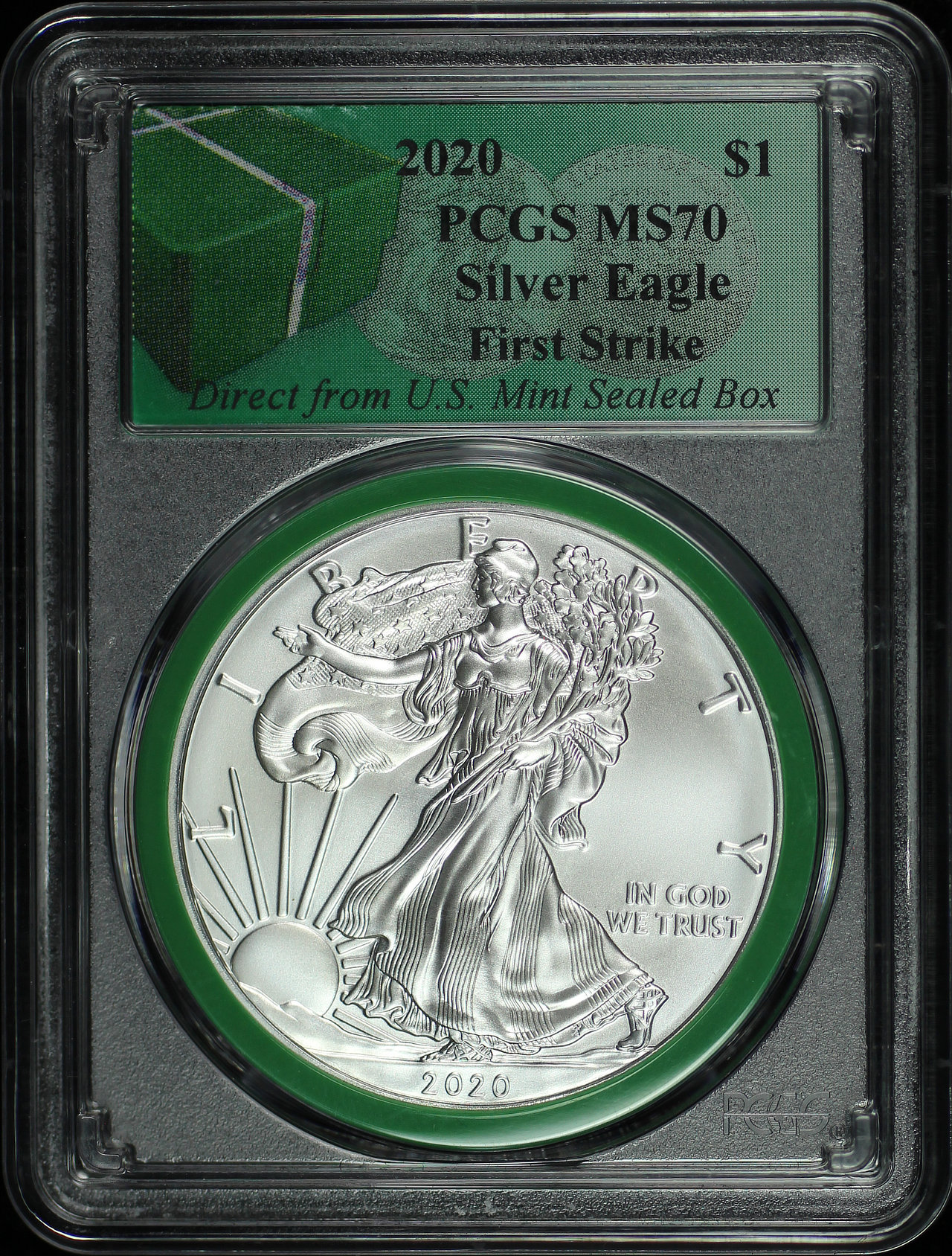 Obverse of this 2020 Silver Eagle Direct from U.S. Mint Sealed Box PCGS MS-70 First Strike