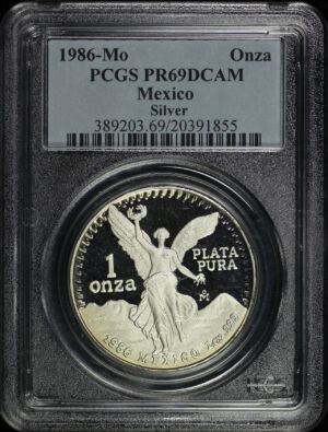Obverse of this 1986-Mo Mexico Silver Libertad Onza PCGS PR-69 DCAM