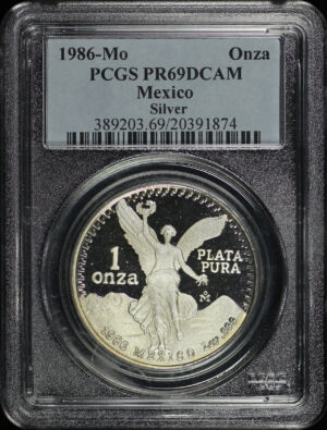 Obverse of this 1986-Mo Mexico Silver Libertad Onza PCGS PR-69 DCAM