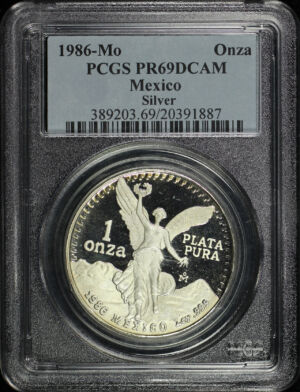 Obverse of this 1986-Mo Mexico Silver Libertad Onza PCGS PR-69 DCAM