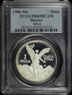 Obverse of this 1986-Mo Mexico Silver Libertad Onza PCGS PR-69 DCAM
