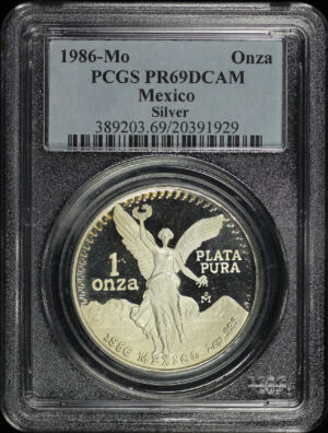 Obverse of this 1986-Mo Mexico Silver Libertad Onza PCGS PR-69 DCAM