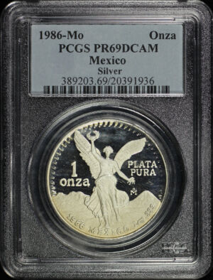 Obverse of this 1986-Mo Mexico Silver Libertad Onza PCGS PR-69 DCAM