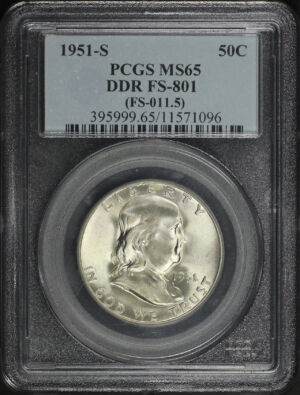 Obverse of this 1951-S Franklin Half Dollar DDR FS-801 (FS-011.5) PCGS MS-65