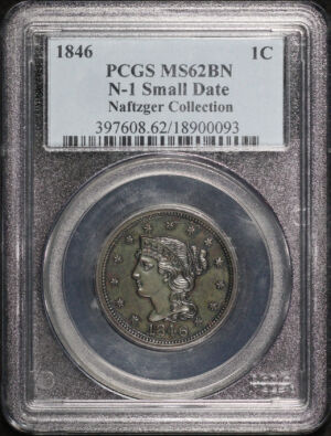 Obverse of this 1846 Small Date Braided Hair Cent N-1 PCGS MS-62 BN Naftzger Collection