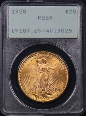 Obverse of this 1928 St. Gaudens $20 PCGS MS-65 Old Green Rattle Holder