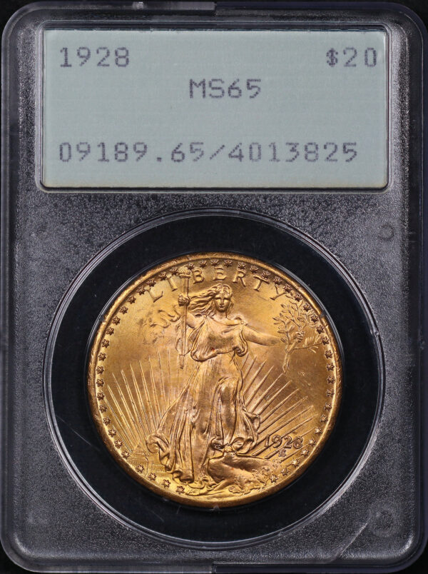 Obverse of this 1928 St. Gaudens $20 PCGS MS-65 Old Green Rattle Holder