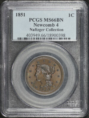 Obverse of this 1851 Braided Hair Cent Newcomb 4 PCGS MS-66 BN Naftzger Collection