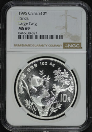 Obverse of this 1995 China 10 Yuan Silver Large Twig Panda NGC MS-69