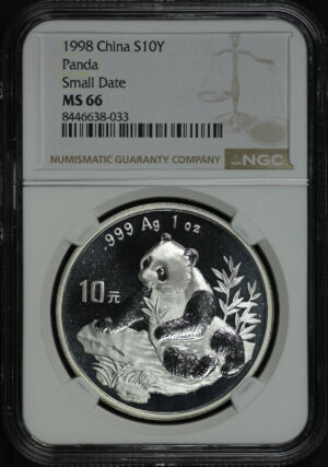 Obverse of this 1998 China 10 Yuan Silver Small Date Panda NGC MS-66