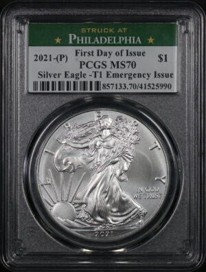 Obverse of this 2021-(P) Silver Eagle Type 1 Emergency Issue PCGS MS-70 First Day of Issue Struck At Philadelphia 