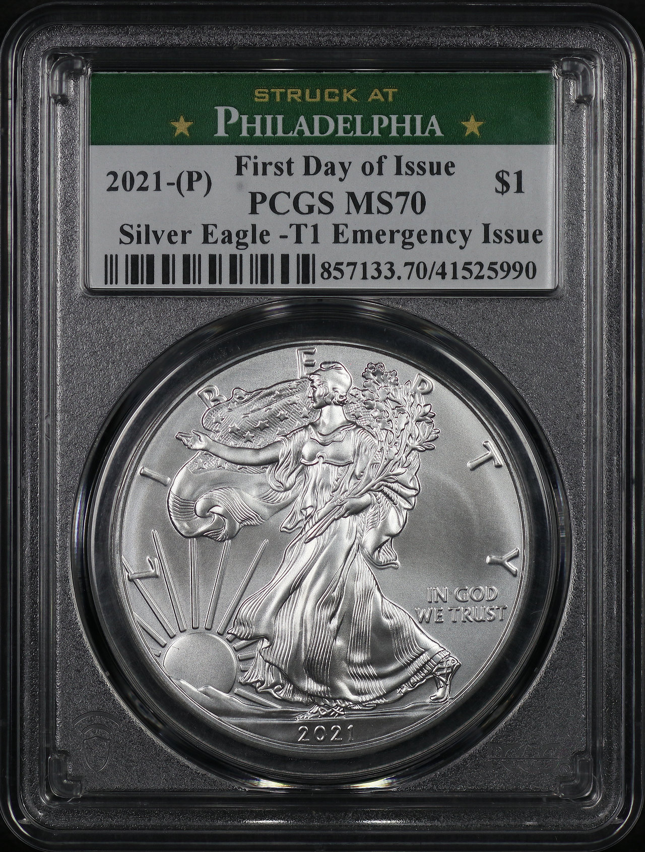 Obverse of this 2021-(P) Silver Eagle Type 1 Emergency Issue PCGS MS-70 First Day of Issue Struck At Philadelphia