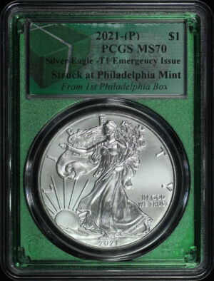 Obverse of this 2021-(P) Silver Eagle Type 1 PCGS MS-70 Struck at Philadelphia Mint, Emergency Issue 