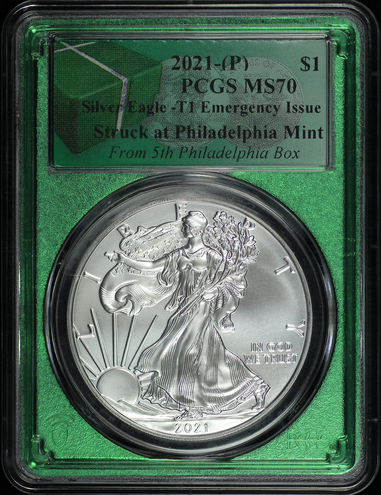 Obverse of this 2021 Silver Eagle Type 1 Emergency Issue from 5th Philadelphia Box PCGS MS-70