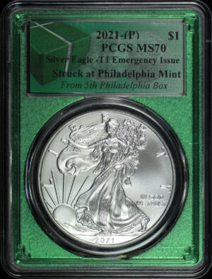 Obverse of this 2021 Silver Eagle Type 1 Emergency Issue from 5th Philadelphia Box PCGS MS-70